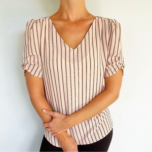 Adrianna Papell blush pink black stripe pleated ruffle sleeve blouse size medium